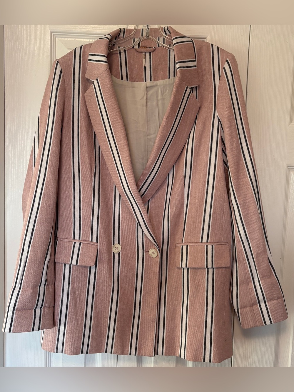 Free People Uptown Girl Oversized Striped Blazer Jacket Blush Pink Black Small S
